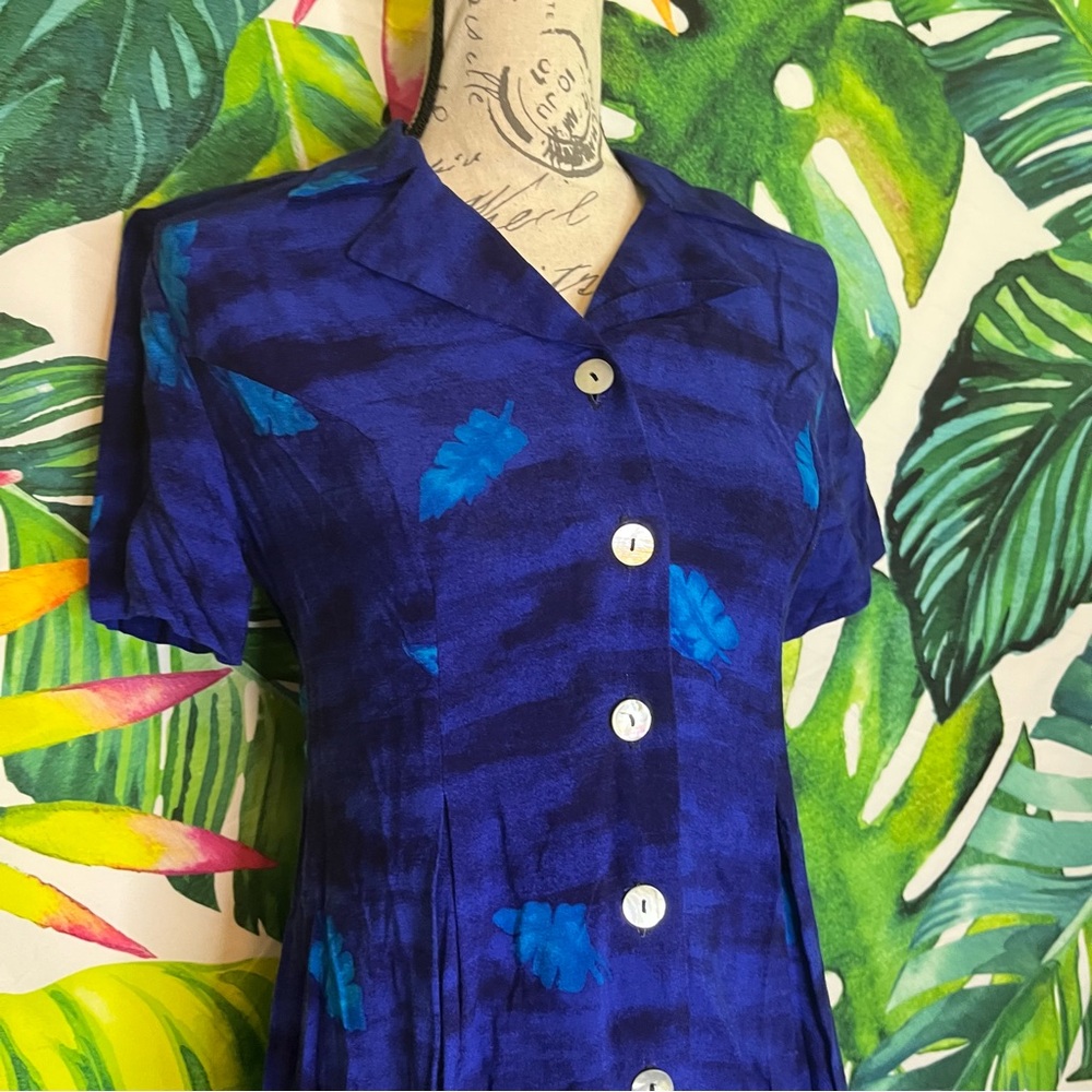 Vintage SL Fashions 6P Dark Blue Tropical Button Front Fitted Sheath Maxi Dress